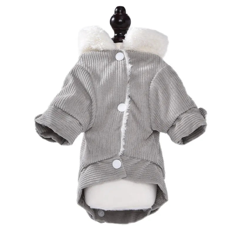 Lambswool grey fleece lined dog vest for winter warmth shown on a small dog.