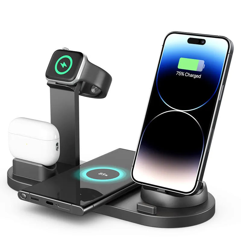 Aluminium charging stand holding a smartphone, smartwatch, and wireless earbuds.