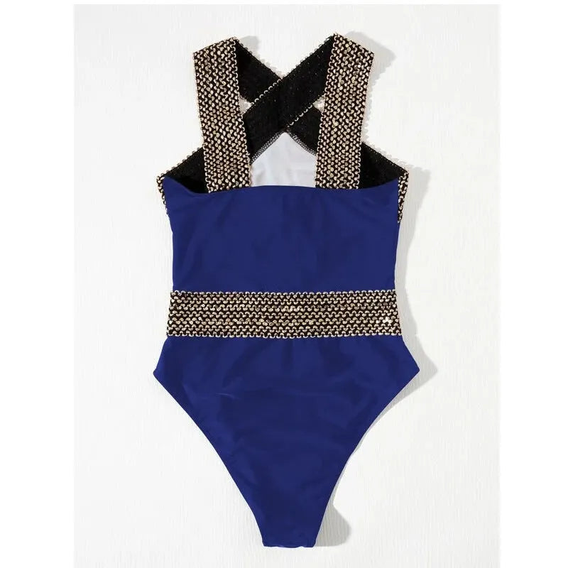 Solid colour one piece swimsuit in blue with built-in chest pad, polyester fabric, front view