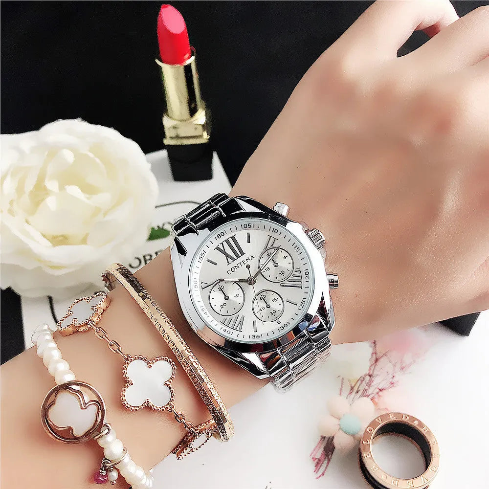 Women's silver rose gold mesh strap watch with diamond quartz movement and 15mm case thickness