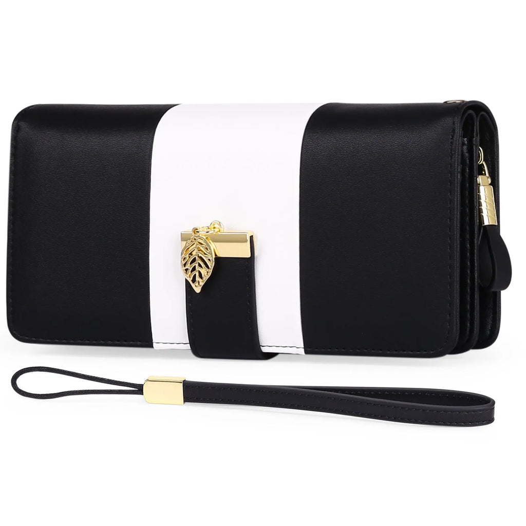 Midnight black women's anti-theft PU leather clutch bag with a visible lock, shown open to reveal soft microfiber lining.
