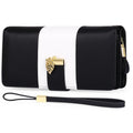 Midnight black women's anti-theft PU leather clutch bag with a visible lock, shown open to reveal soft microfiber lining.