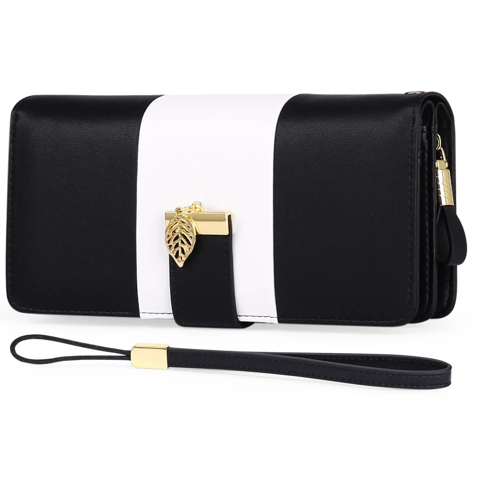 Midnight black women's anti-theft PU leather clutch bag with a visible lock, shown open to reveal soft microfiber lining.