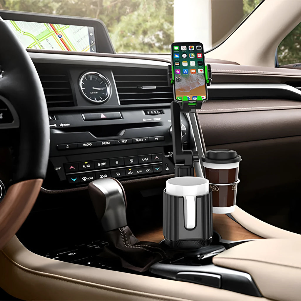 Green and grey ABS polycarbonate car drink rack and mobile phone holder on packaging.