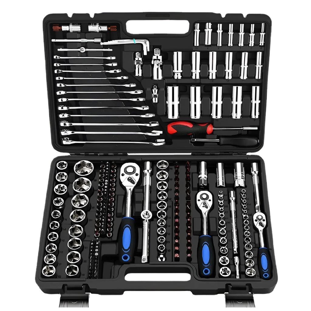 Chromium vanadium steel socket ratchet wrench set with multiple socket sizes on a rail.