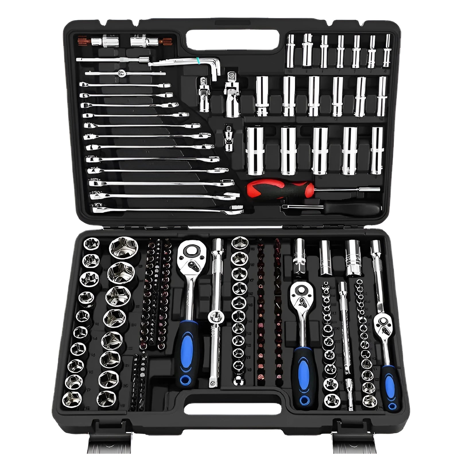 Chromium vanadium steel socket ratchet wrench set with multiple socket sizes on a rail.