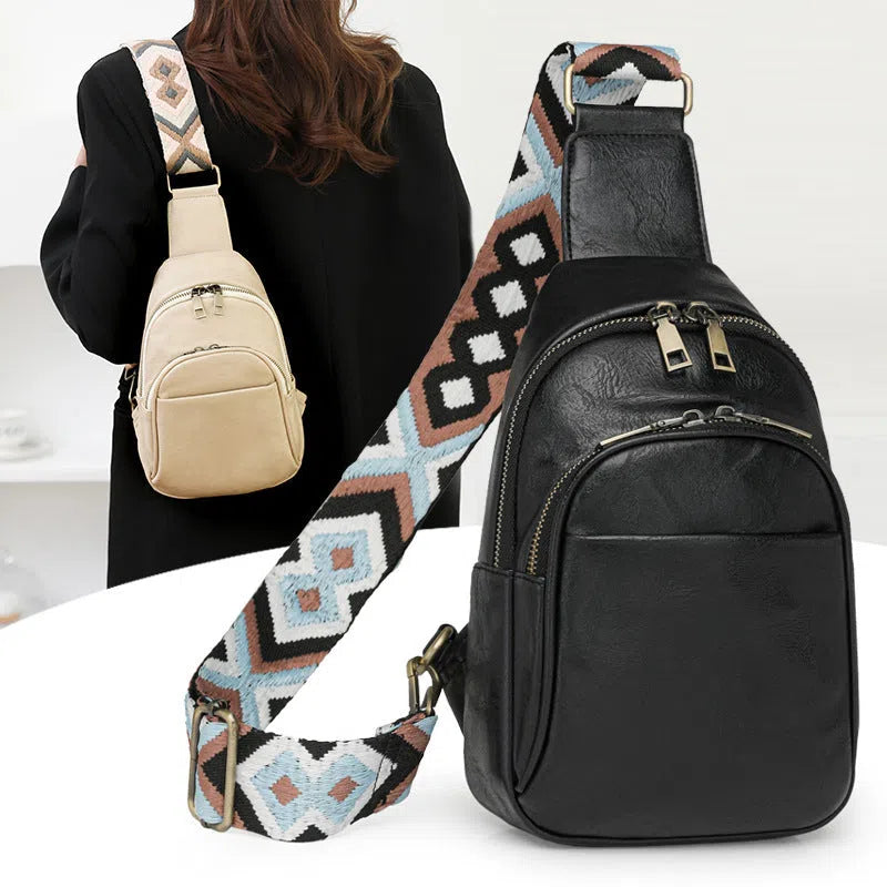 Women's vintage crossbody bag in tan PU with patchwork design and phone pocket