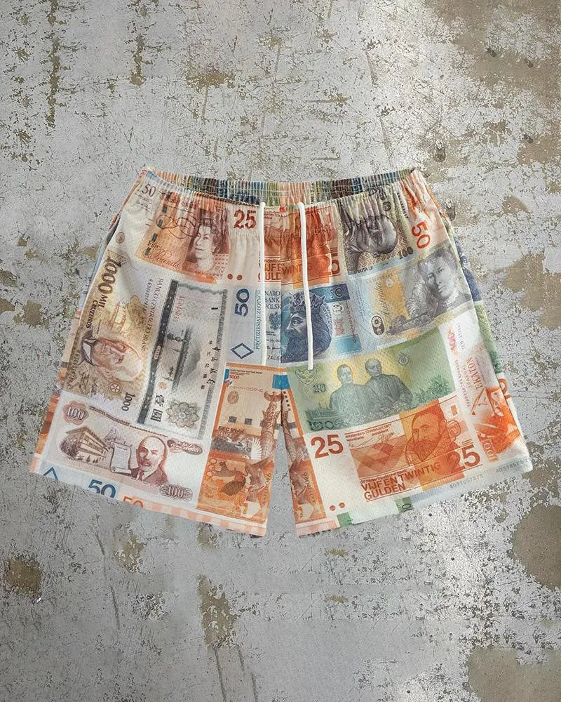 Men's digital print beach shorts in quick-dry polyester with loose fit design