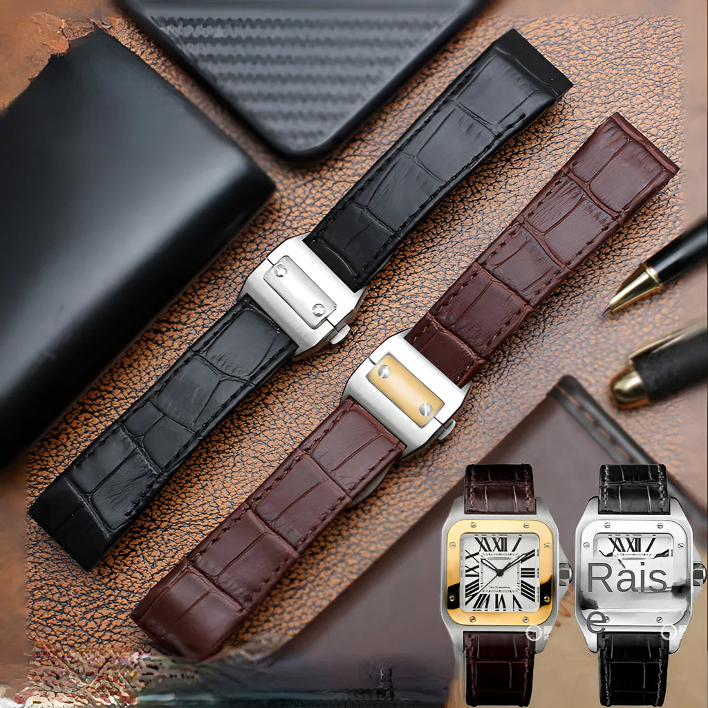Genuine leather watch band for Santos 100 in black with steel buckle