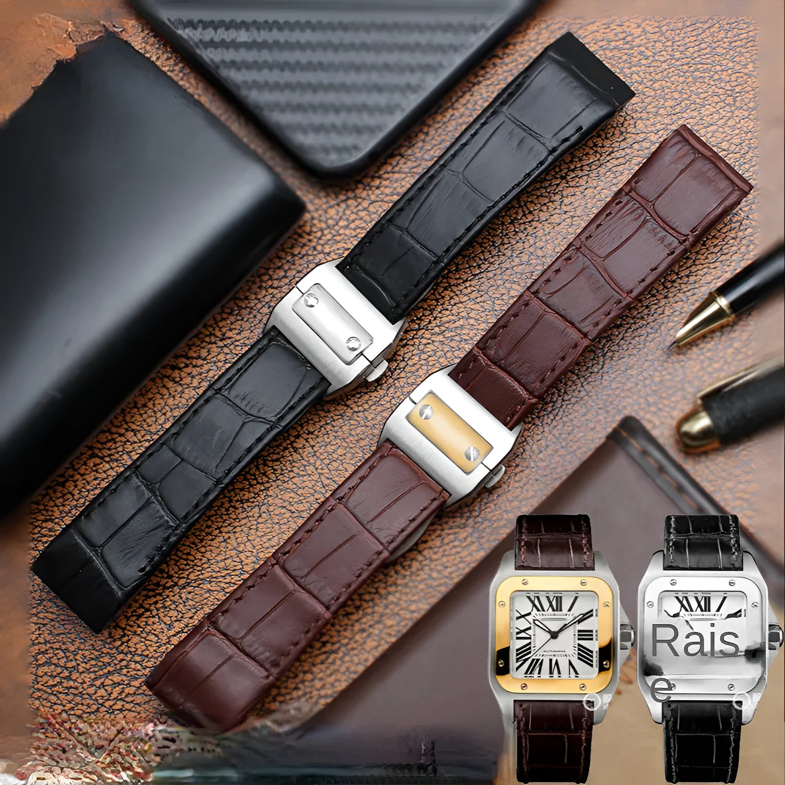 Genuine leather watch band for Santos 100 in black with steel buckle
