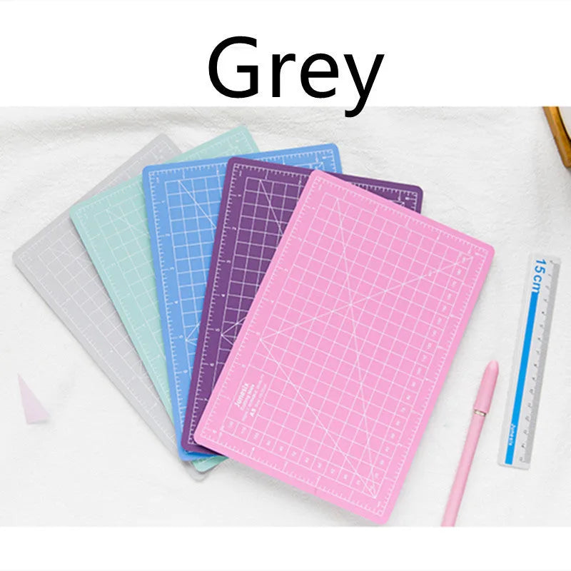 Art pen knife cutting board set with backing board, ruler, sharpener and blade in blue, green, grey, pink or purple