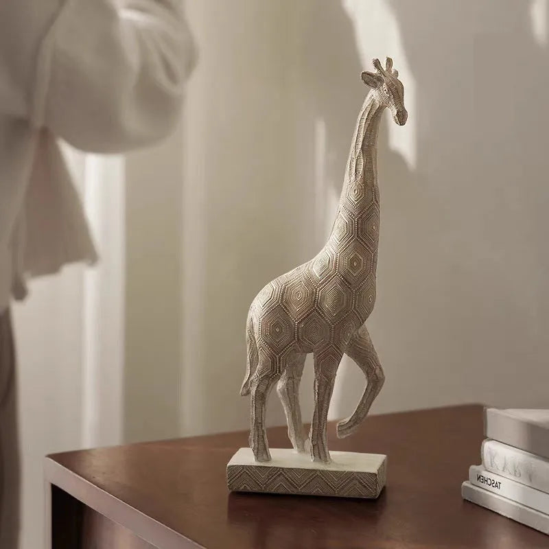 Wood-colour European style giraffe resin ornament for shelf decoration.