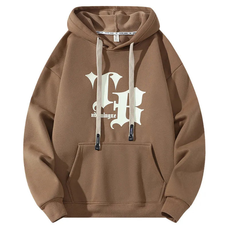 Fleece-lined hooded sweater jacket with letter pattern, cotton pullover in beige, black, green, and wine red, sizes M to 3XL