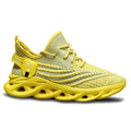 Men's blue Flyknit mesh casual sneaker with a foam platform sole on a white background.