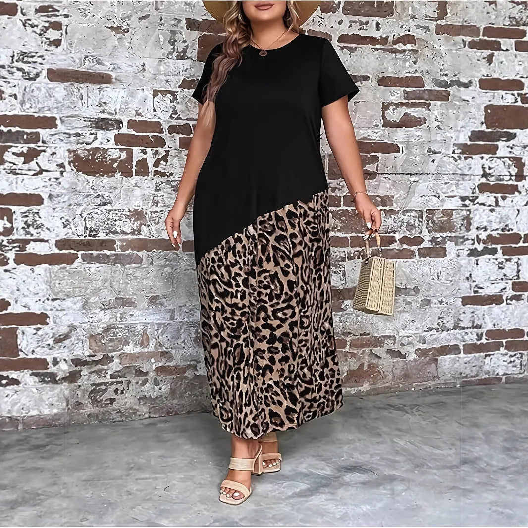 Women's black leopard print loose maxi dress with quarter sleeves and contrast stitching, plus sizes 1XL-5XL.