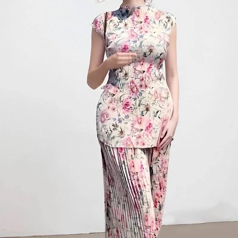 Women's long sleeve printed chiffon two-piece dress set with high waist skirt.