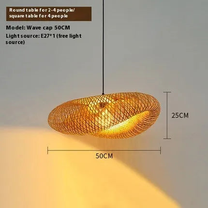 Natural woven bamboo straw hat-shaped pendant ceiling lamp with open weave, shown suspended.
