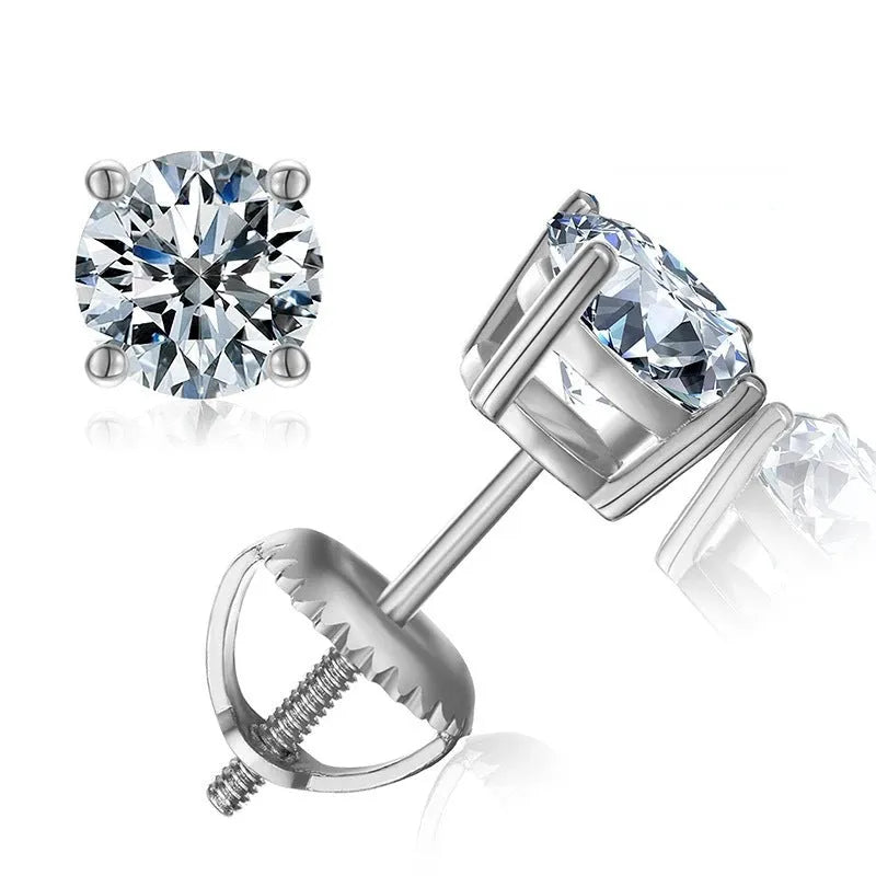Sterling silver moissanite stud earrings with geometric stones and screw fastening backs