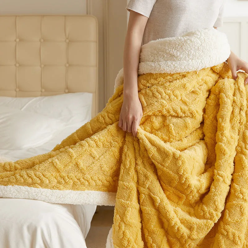 Double bed winter thermal flannel blanket in beige colour showing thickened texture and modern simplicity design