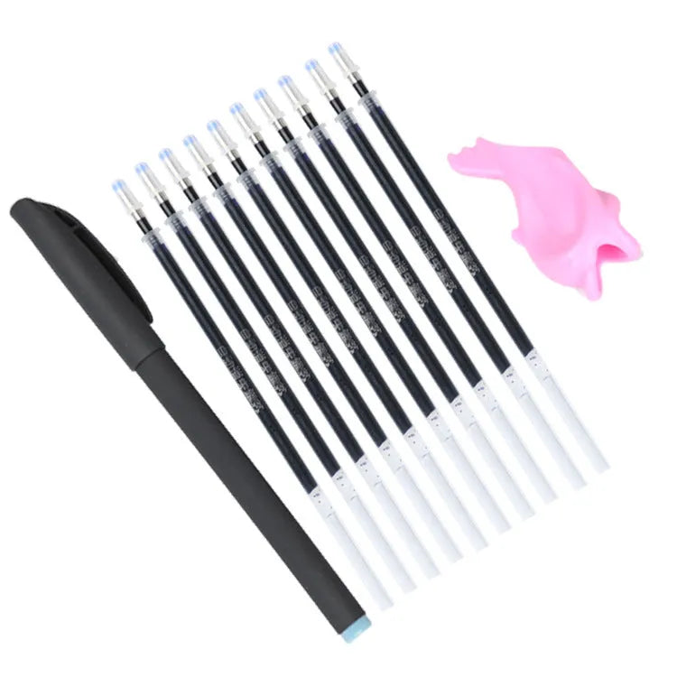 Plastic automatic fading ink pen set with 0.5mm tip and eight blue refills on a white background.