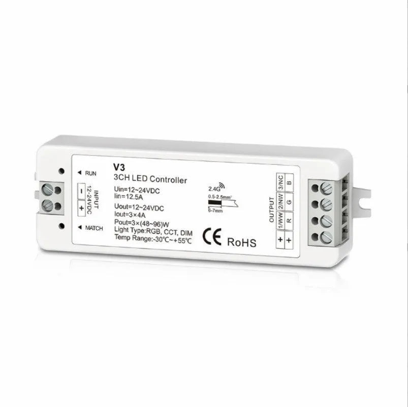 Black wireless RF LED dimmer controller with remote for RGB strip lights 12-24V 8A