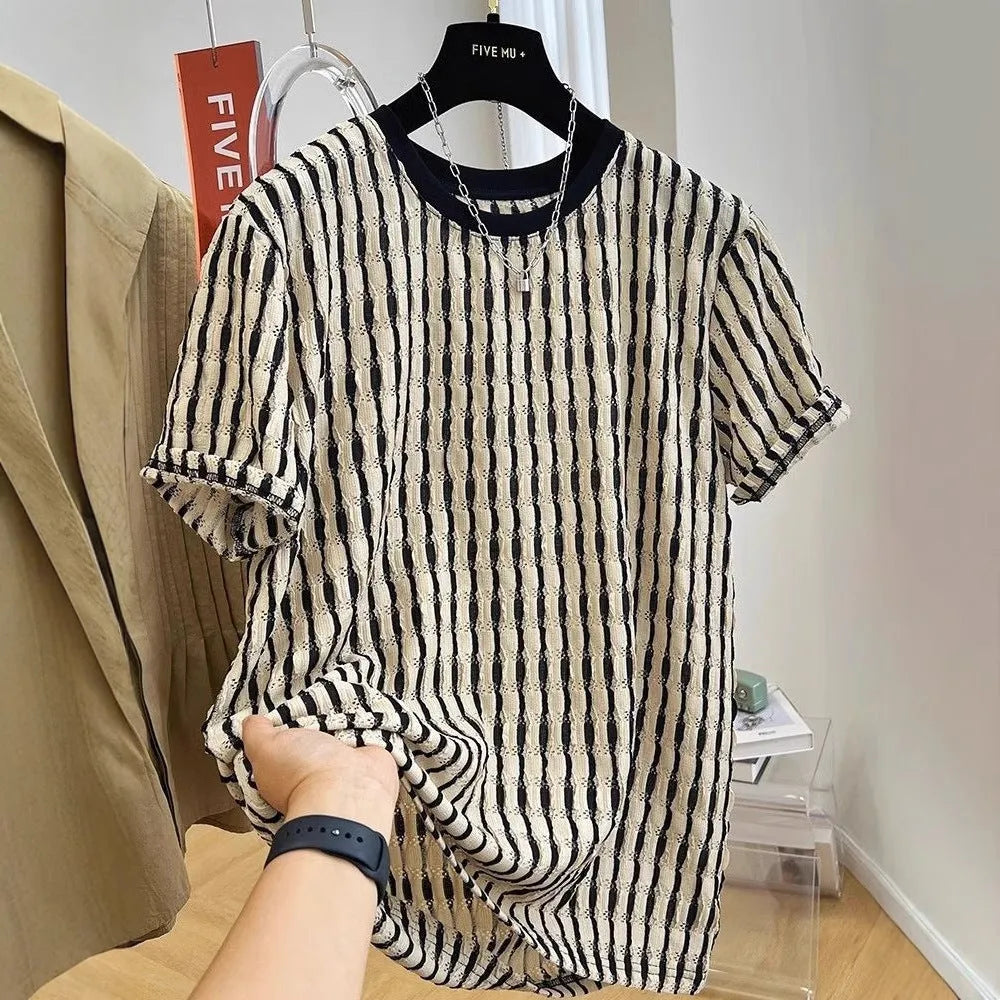 Men's black striped loose fit casual short sleeve shirt in linen silk blend fabric