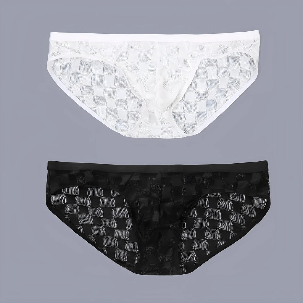 Men's black mesh breathable U-convex plaid underpants briefs with lace nylon fabric