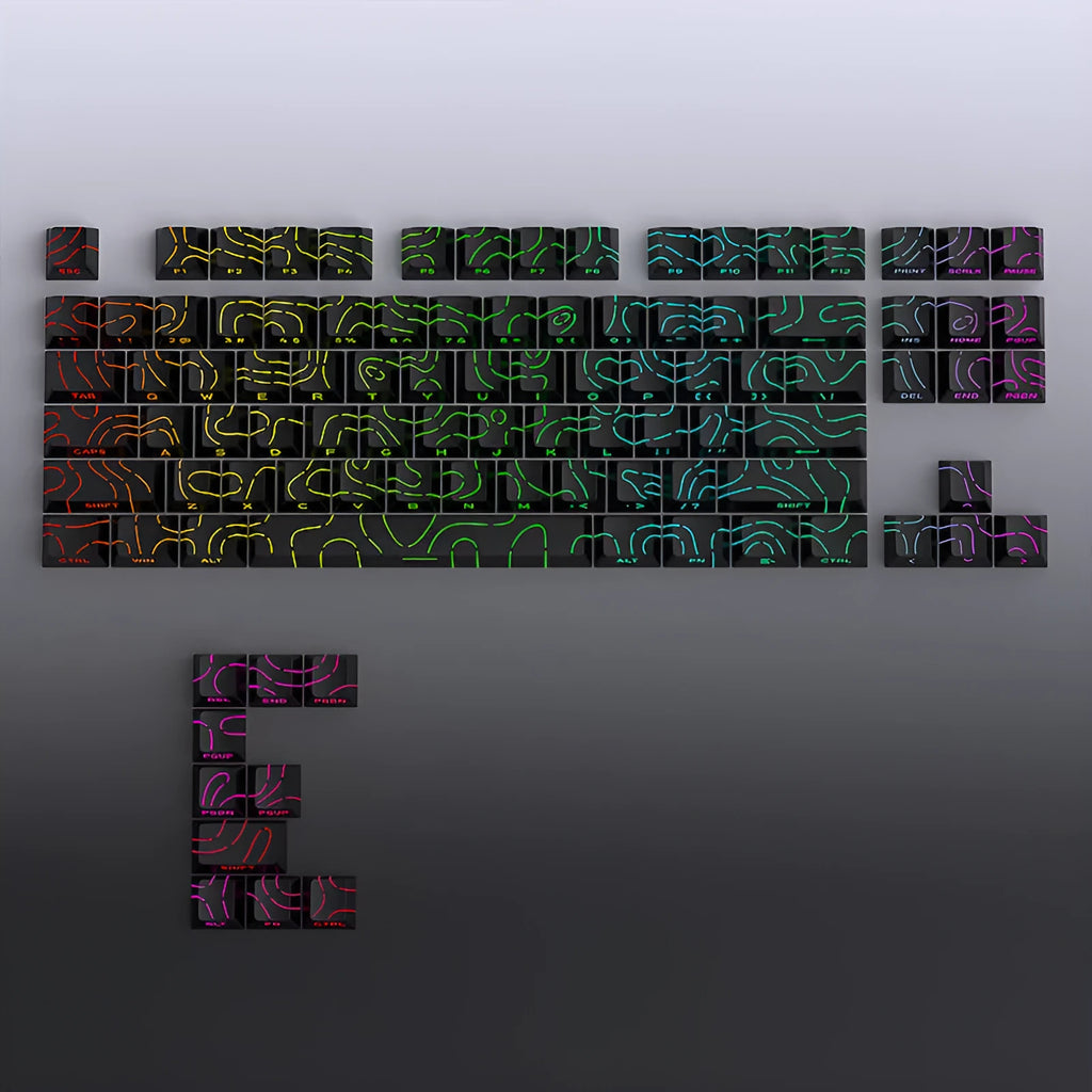 Black mechanical keyboard key cap set with contour line crack pattern and luminous characters, 85 x 150mm