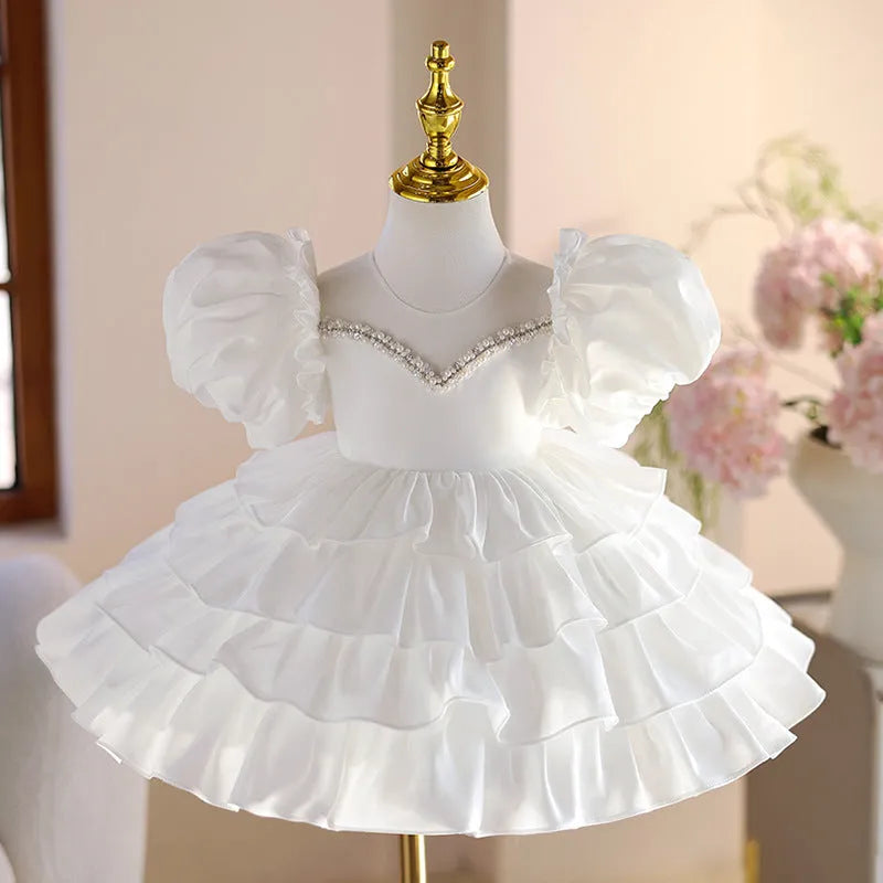 Girl's white princess wedding dress, polyester blend with 50 percent polyester lining, height sizes 80-150cm.