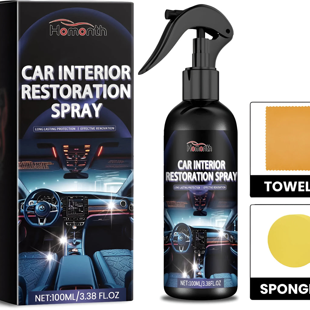Car interior restoration spray kit with 100ml bottle, cleaning towel and scrubbing sponge