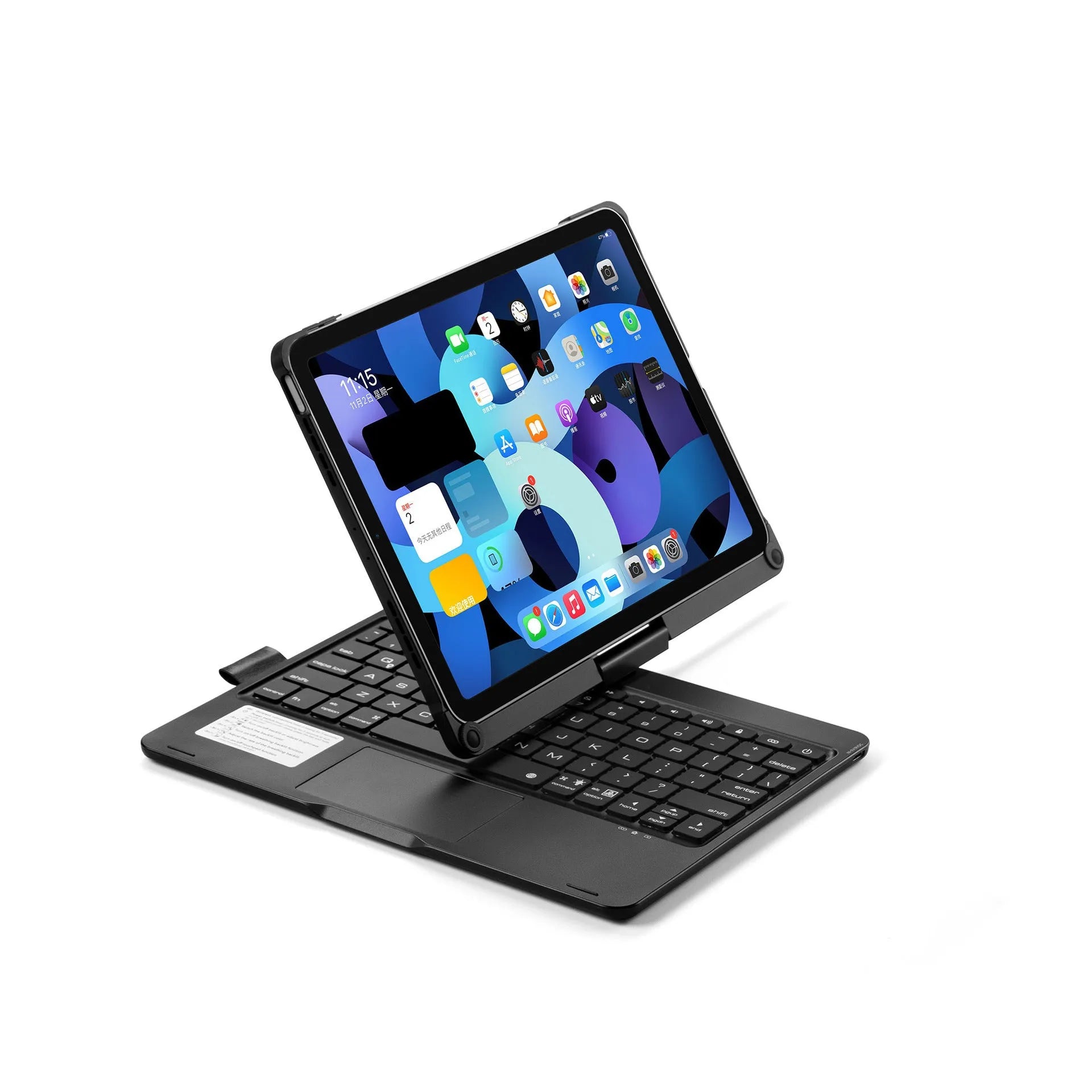 Black Bluetooth keyboard case with backlit keys open next to an iPad, showing the 360-degree rotating hinge.