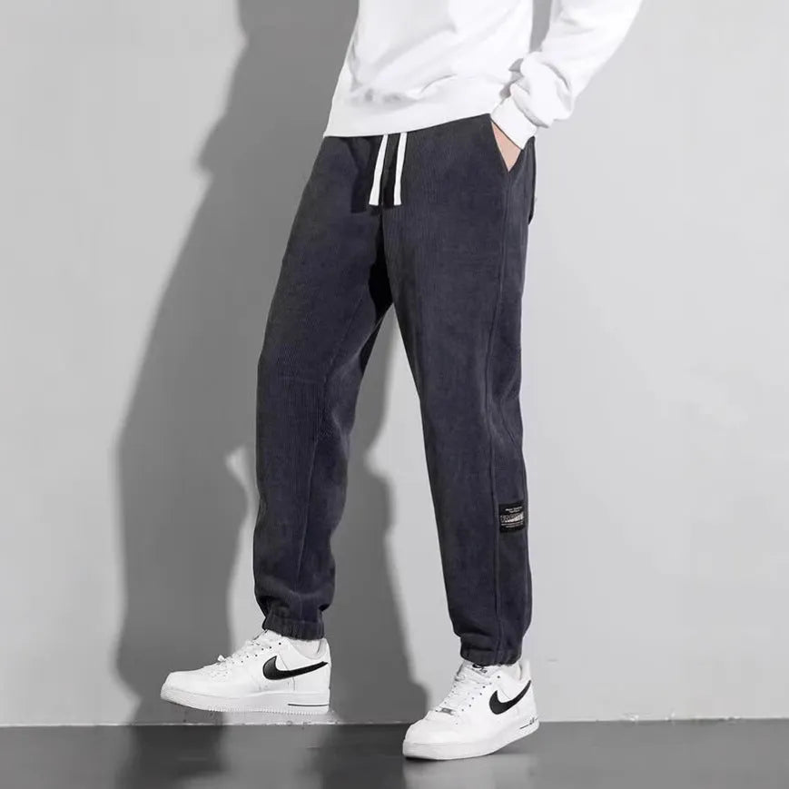 Men's loose straight sweatpants in dark gray, black or dark brown, cotton blend, drawstring mid waist, sizes M-5XL