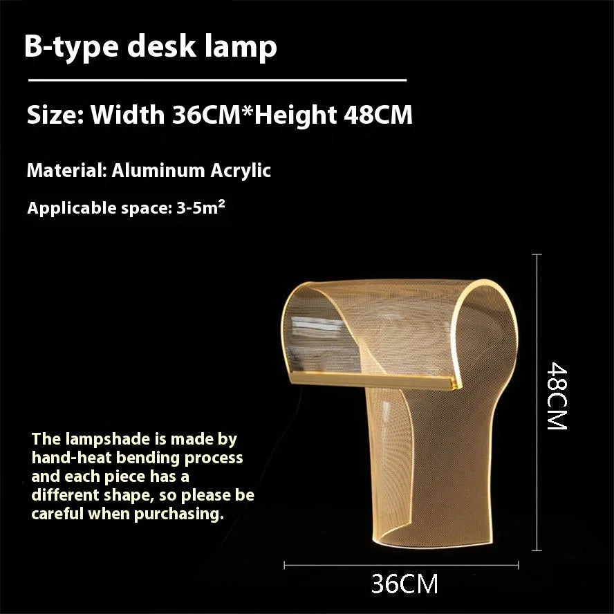 Acrylic irregular ribbon table lamp with warm light on bedside table 360x480mm