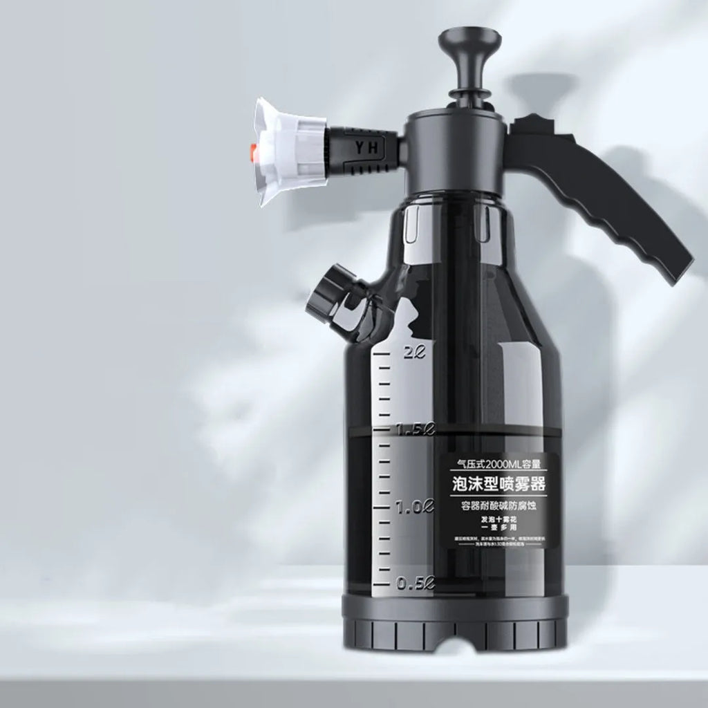 Hand-held 2L car wash foam sprayer with high-pressure water cannon attachment