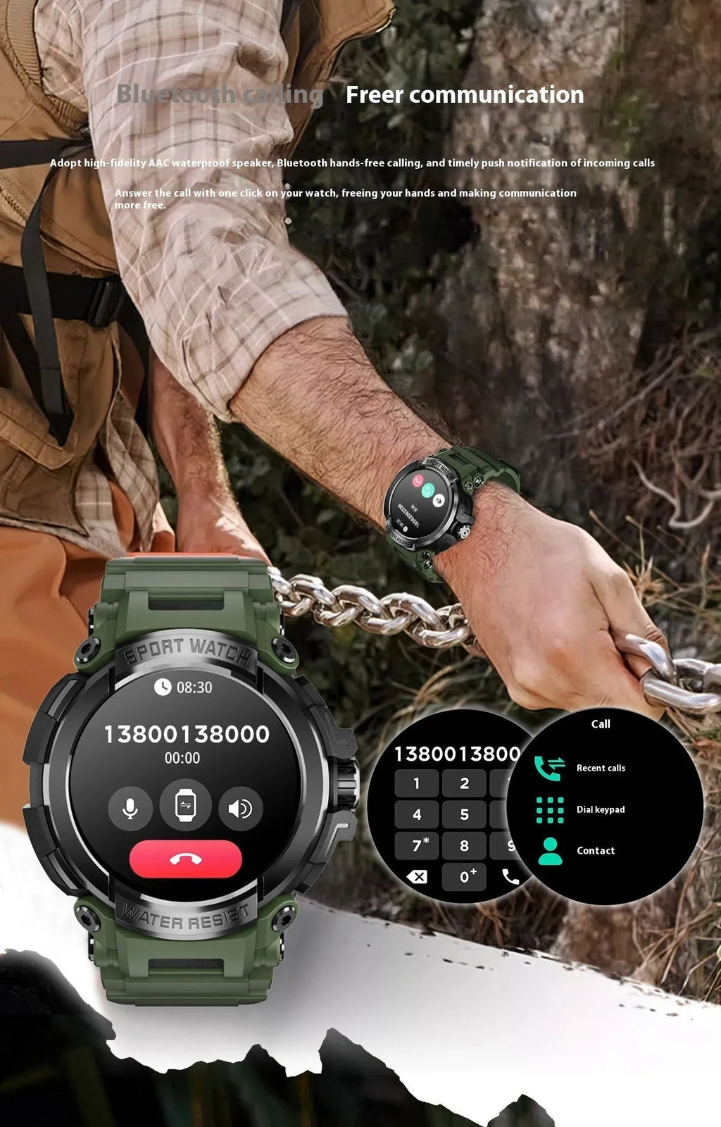 Smart watch in black with TFT screen showing heart rate display, Bluetooth calling function, and health monitoring features
