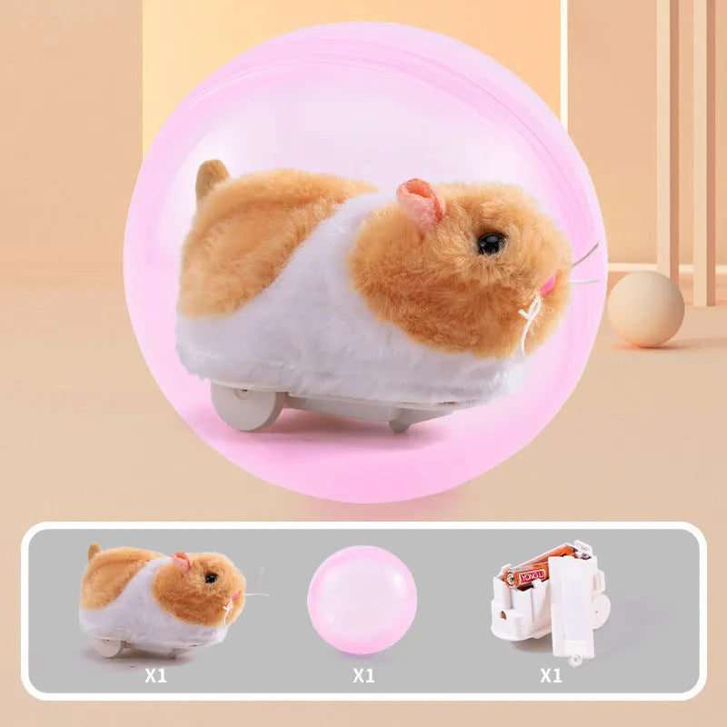 Small pet hamster rolling ball toy with transparent plastic sphere and removable plush shell.