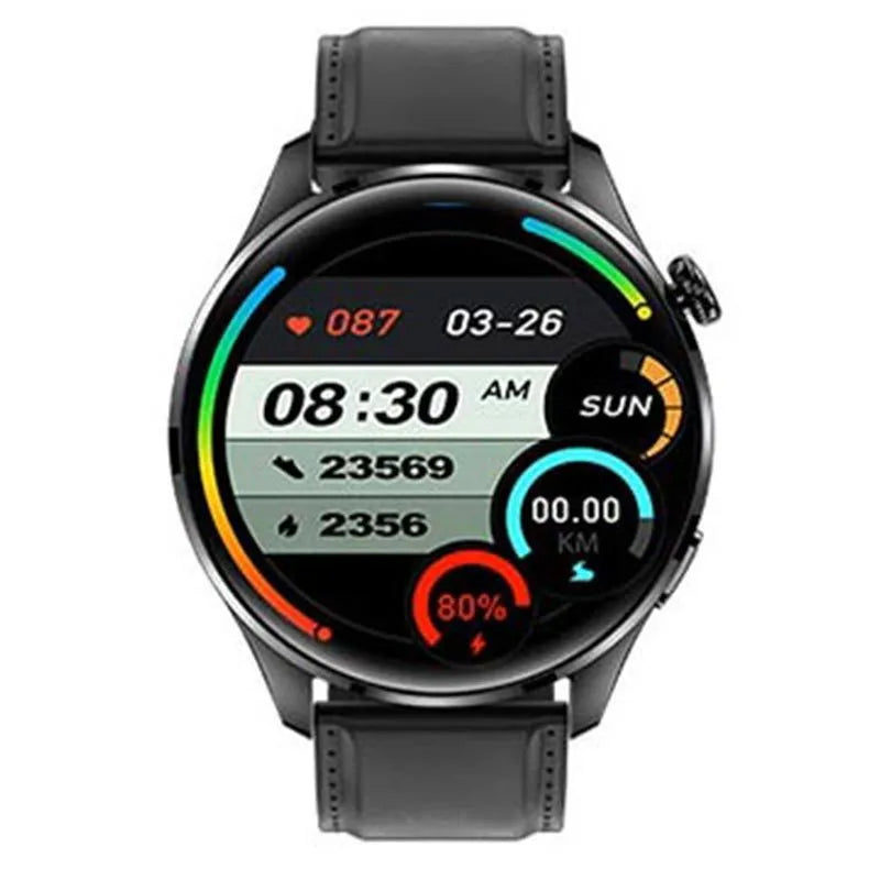 Smart watch with round colour touchscreen on a black silicone strap, showing call interface.