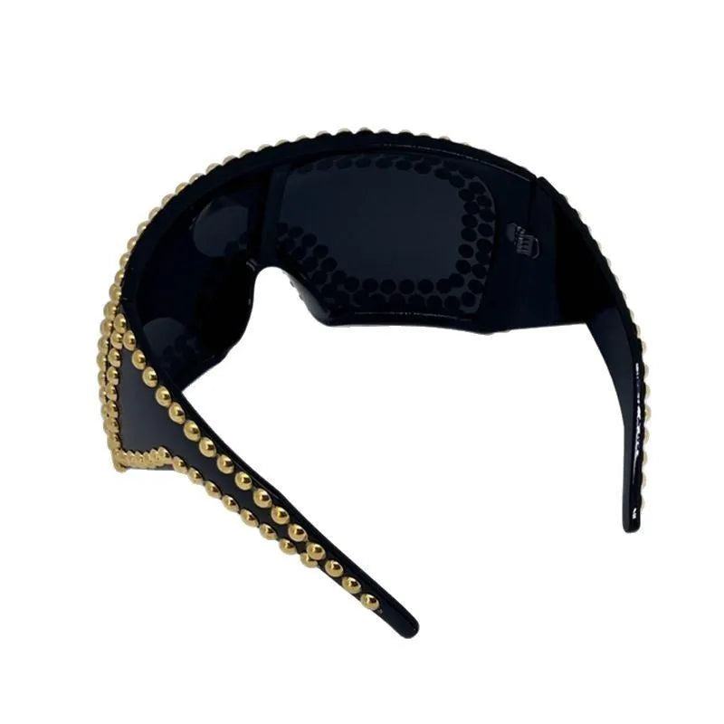 Men's silver punk sunglasses with wide square frame and metal rivet details on the arms.