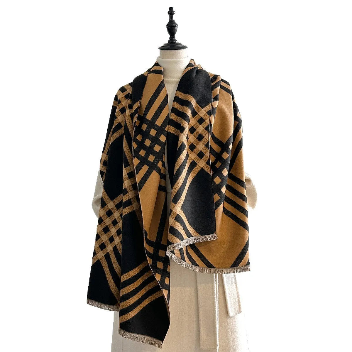 Qianjin mid-length brown imitation cashmere scarf with tassels laid flat showing 185cm length.