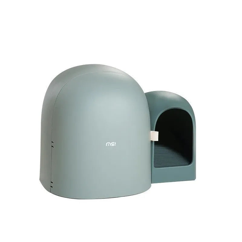 Oversized enclosed cat litter box in moss green with front entry and top viewing lid