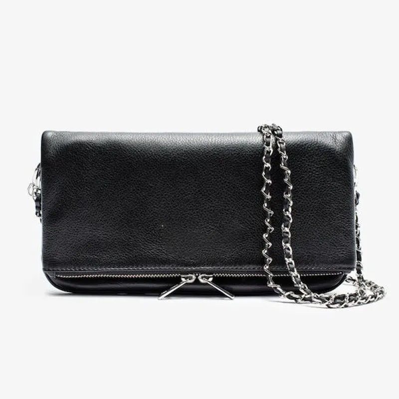 Women's black chain clutch bag with detachable shoulder strap showing interior zipper pocket and gold hardware details