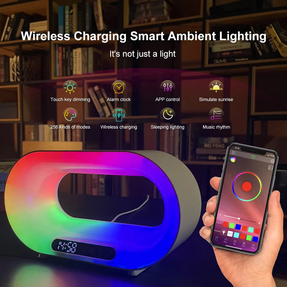 White smart desk lamp with wireless charging pad, alarm clock display, and RGB lighting measuring 23.8 x 7.8 x 13.5 cm