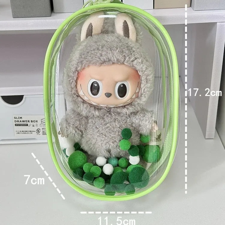Transparent PVC cube storage bag with keychain for doll clothes and small items.