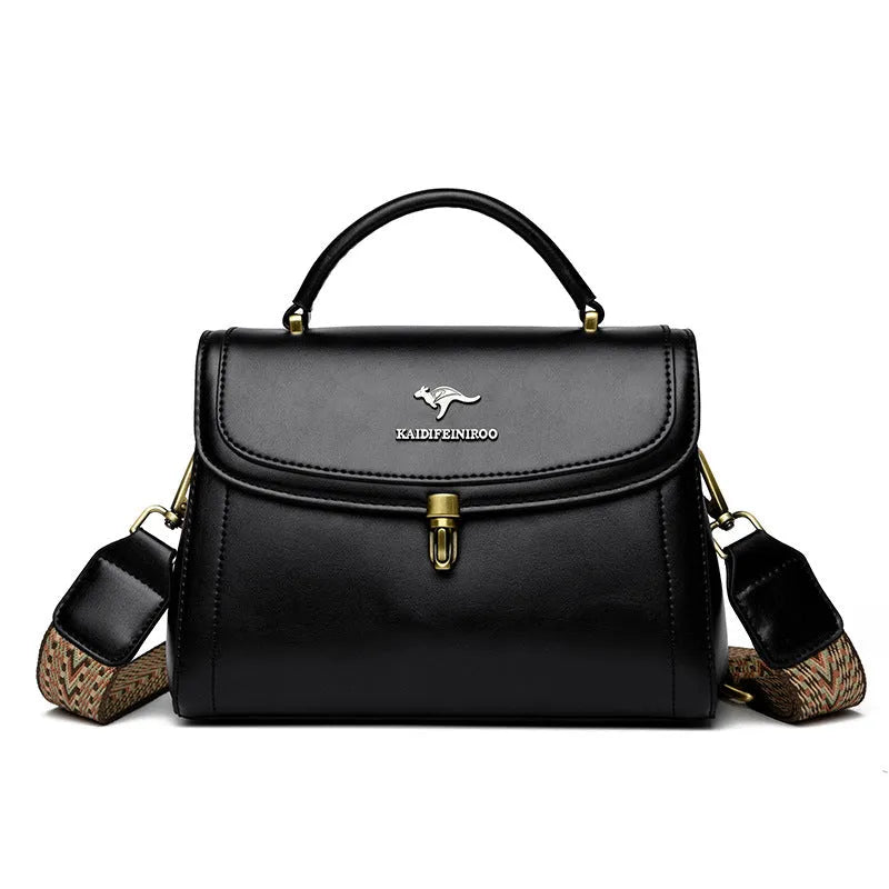 Women's textured PU crossbody handbag in horizontal square shape with rear pocket, black colour