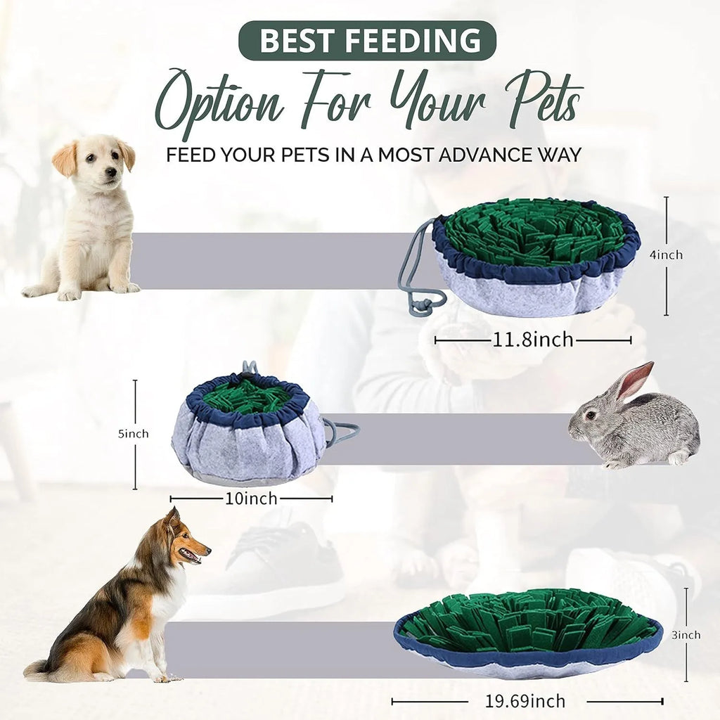Blue and green adjustable fabric snuffle mat for dogs used as a slow feeder puzzle toy.
