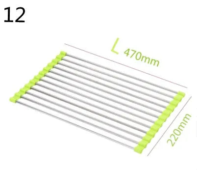 Folding stainless steel kitchen sink drying rack in red colour, shown extended for use.