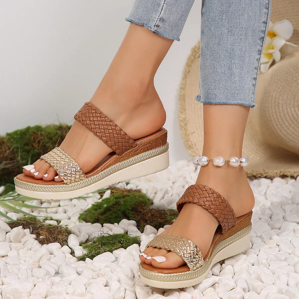 Gold and silver plus size wedge sandals for women in UK sizes 36-43 with PU leather and rubber soles