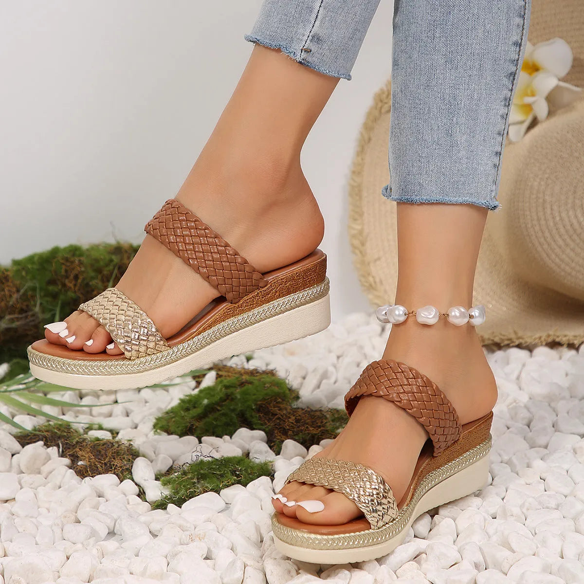 Gold and silver plus size wedge sandals for women in UK sizes 36-43 with PU leather and rubber soles