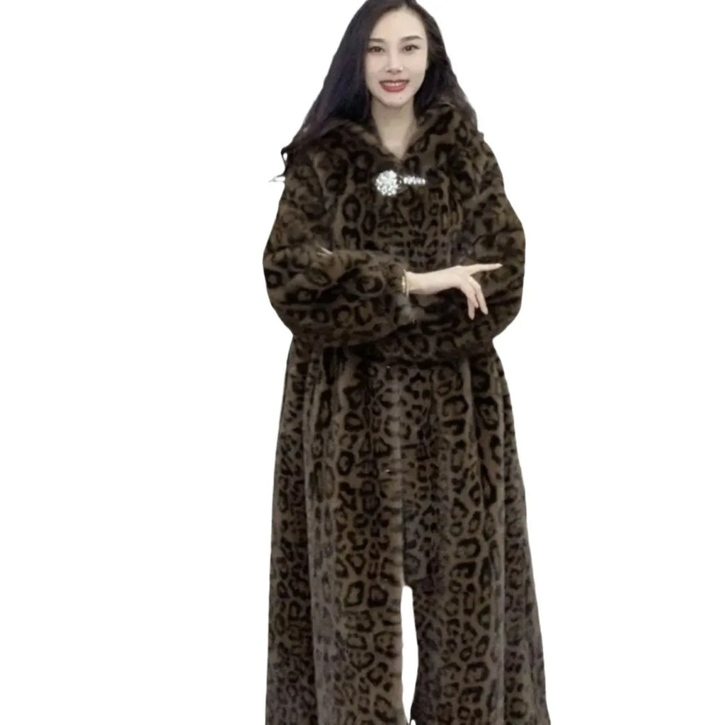 Long brown leopard print artificial fur coat for women on a hanger, showing its loose, lengthened fit.