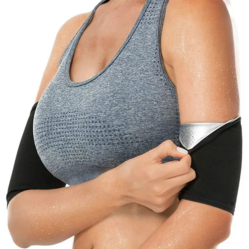 Blue adjustable elastic arm sweatband with absorbent inner layer, shown with included binding strap.